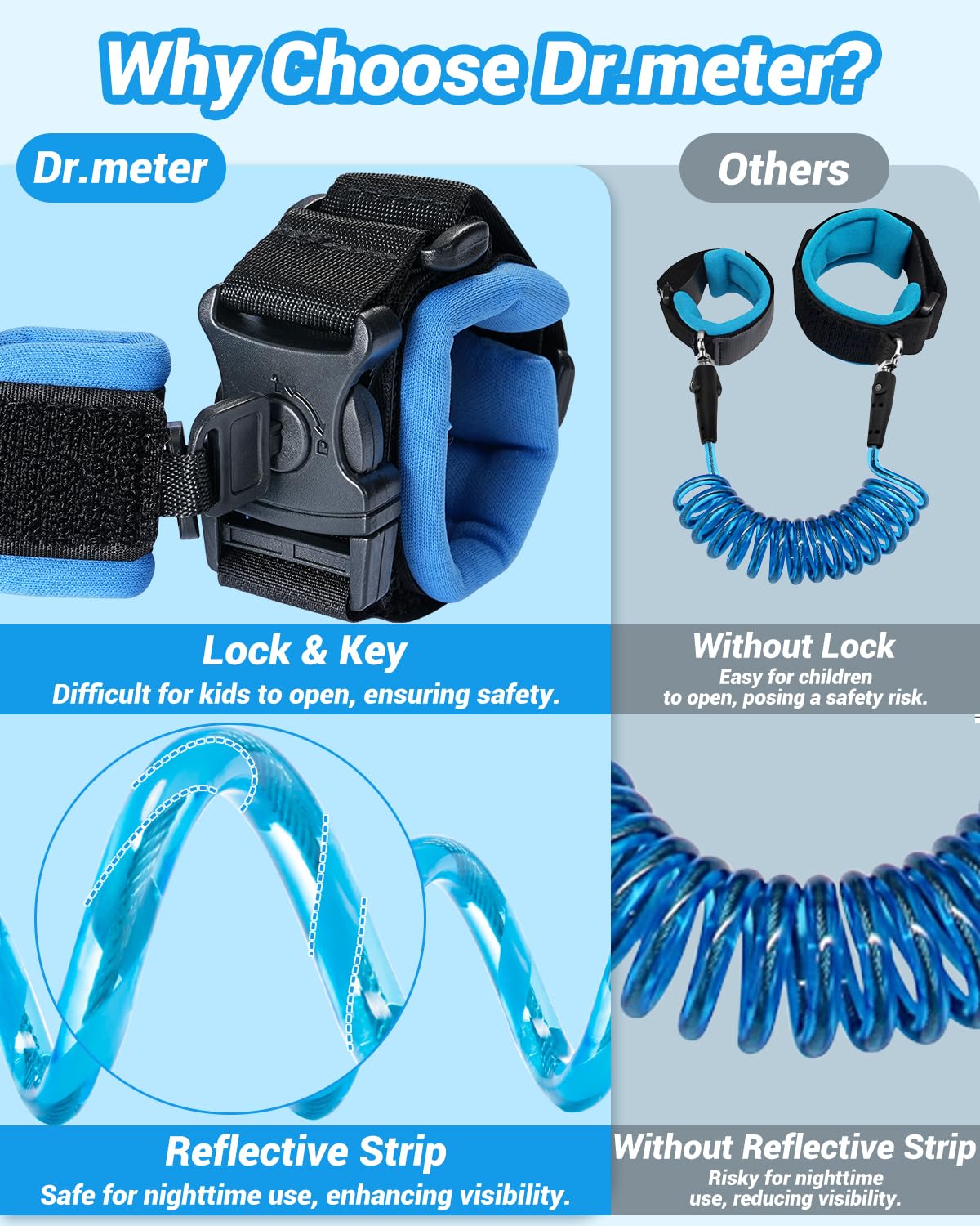 Dr.meter Toddler Leash, 2 Pack Safety Anti Lost Wrist Link with Key Lock, Reflective Child Walking Harness, 8.2ft Blue + 4.92ft Orange Kids Leash for Supermarket Mall Airport Amusement Park Zoo Travel