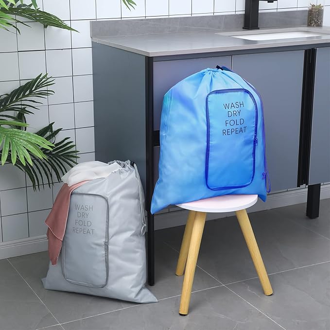 2 Pcs Travel Laundry Bag Washable Dirty Clothes Bag with Drawstring and Zipper for Suitcase, 22 x 18 Inch (Gray, Blue,Classic)-BubblyBeeBaby