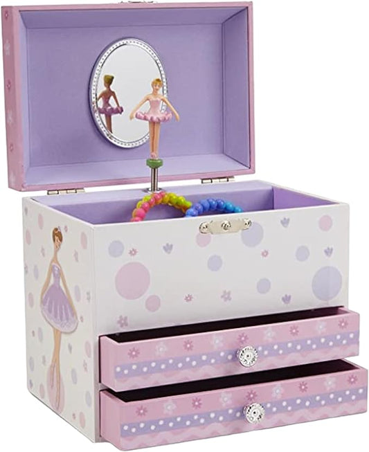 Jewelkeeper Jewelry Box for Girls with Ballerina and Music Box - Dual Drawers and Spacious Storage - Swan Lake Tune - White and Purple Jewelry Keepsake Chest - 6 x 6.75 x 5.25 Inches-BubblyBeeBaby