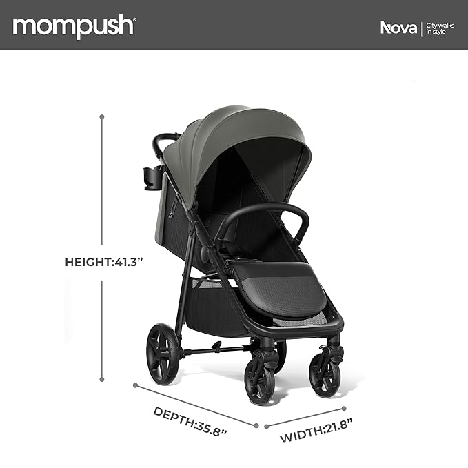 Mompush Nova Baby Stroller for Toddler, Infant & Newborn | Spacious Seat & Lie-Flat Mode | Compact One-Hand Fold, UPF 50+ Canopy & All-Wheel Suspension | Includes Rain Cover & Cup Holder, Green-BubblyBeeBaby