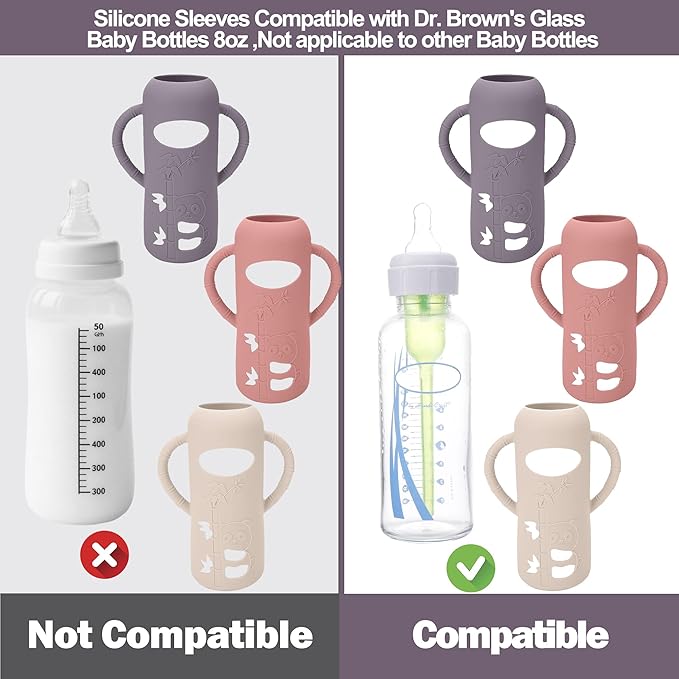 BUSOHA 3 Pack Silicone Sleeves for Dr Brown Glass Baby Bottles - Drop Protection Baby Bottle Sleeves,Compatible with Dr. Brown's Newborn Glass Bottles,with Silicone Handles,8 oz-BubblyBeeBaby
