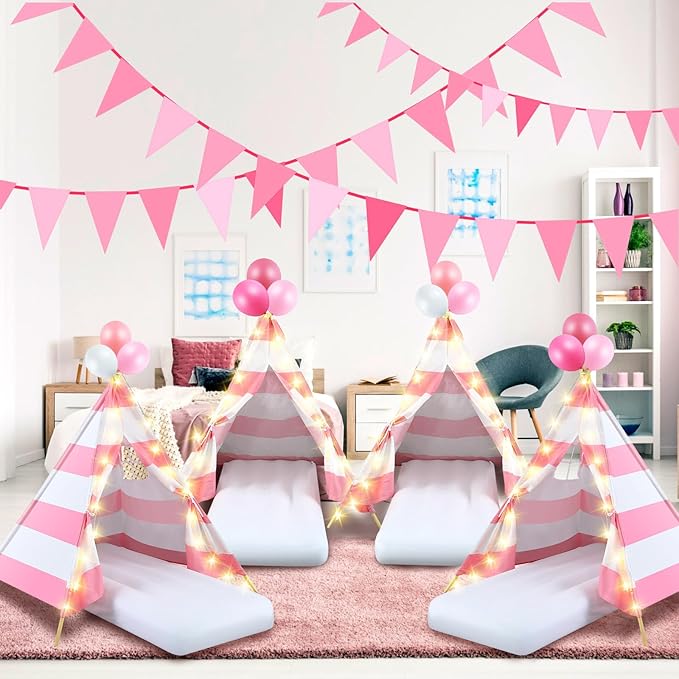 2 Pack Kids Teepee Tent with Mattress,Fitted Sheet,Light String,Washable Natural Cotton Toddler Play Tent for Girls Boys Indoor Outdoor Sleepover Slumber Birthday Party(Pink and White)-BubblyBeeBaby