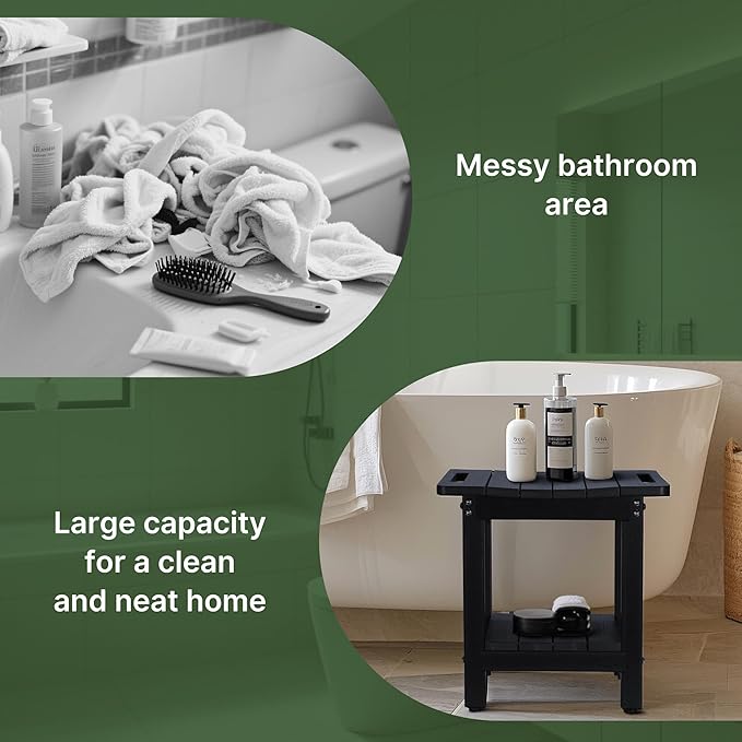 HDPE Shower Bench Seat Capacity 300LB, Waterproof Bathroom Stool with Side Carry Holes, Compact 16.8" L Design, Non-Slip Shower Seat for Elderly, Shaving Legs & Spa - Indoor/Outdoor Use(Black)-BubblyBeeBaby