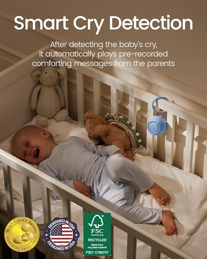 2025 Mom's Choice Awards, Portable Sound Machine for Baby Adult, AI Cry Detection, 18 Soothing Sound, Bluetooth Rechargeable White Noise Machine for Home Office Travel, Nursery Light, Blue-BubblyBeeBaby