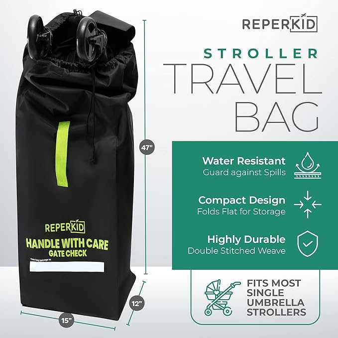 reperkid Umbrella Stroller Bag for Airplane Travel, Black and Green, 47" H x 15" W x 12" D, Fits Most Single and Double Umbrella Strollers – Premium Waterproof Cover, Adjustable Shoulder Strap-BubblyBeeBaby