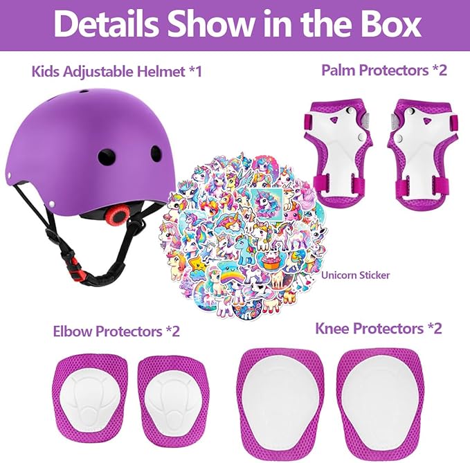 Kids Bike Helmet with Knee Elbow Wrist Pads Guards,Pink,for Ages 2-3-5-8-14,Sports Bicycle,Skate Scooter,Rollerblading with Unicorn Sticker-BubblyBeeBaby