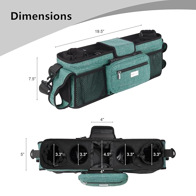 TOPDesign Universal Baby Stroller Organizer, Double Stroller Caddy with Detachable Mesh Bag & Heightened Insulated Cup Holders & Non-Slip Secure Hooks Accessories, Fits Most Strollers (Green)-BubblyBeeBaby