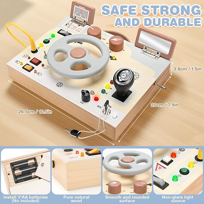 Joyreal Montessori Toddler Busy Board - Montessori Toys for 1 2 3 Years Old, Wooden Sensory Board with LED Lights, Steering Wheel, Music Player, Travel Toys for 1+ Year Old Boy & Girl Birthday Gift-BubblyBeeBaby