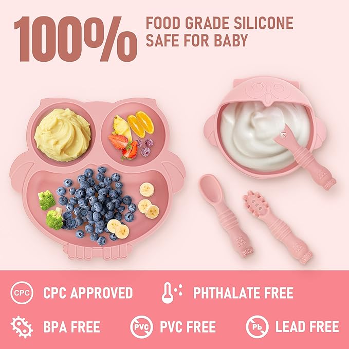 Baby Weaning Set - Silicone Toddler Feeding Set (10 Pcs) with Adjustable Bib, Suction Bowl, Plate, Fork, Spoon, Water & Snack Cup Kit - Baby Led Weaning Kit-BubblyBeeBaby