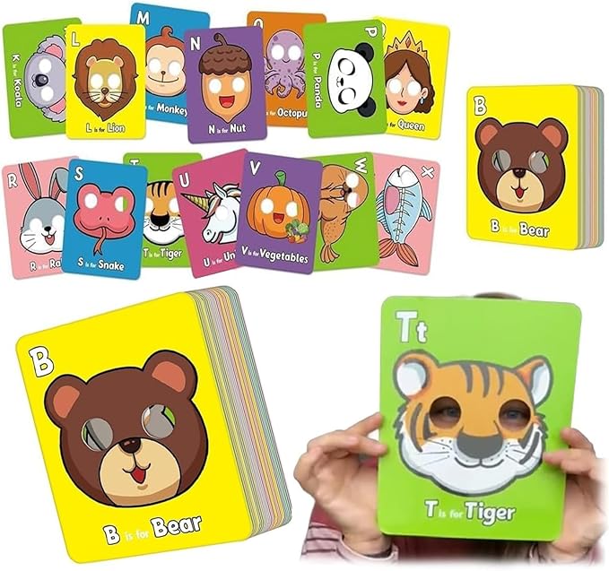 2025 New 26 PCS Alphabet Mask Cards,Alphabet Flash Cards with Animal Masks,Colorful Animals Flash Cards, Interactive Education Games, Learn Letters-BubblyBeeBaby