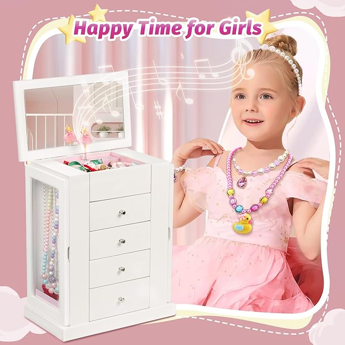 Jewelry Box for Girls, Musical Jewelry Box with Spinning Dancer Gifts for Little Girls Christmas New Year Birthday Children's Day, 5 Layer Large Wooden Kids Music Jewelry Organizer Box(White)-BubblyBeeBaby