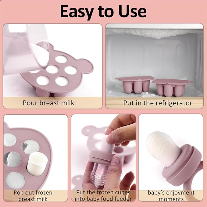 JEXFUN Silicone Breastmilk Popsicle Freezer Molds & Baby Fruit Food Feeder Pacifier, Baby Food Storage Containers Breast Milk Ice Cubes for Baby Teething & Infant Self Feeding, BPA Free - (Light Pink)-BubblyBeeBaby