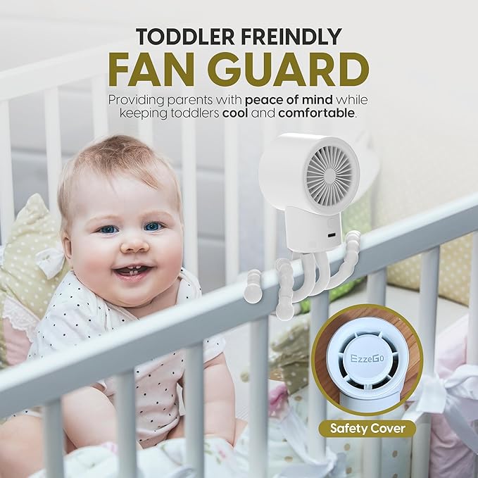Portable Mini Travel Stroller Fan - Battery Operated, Clip On, Small, Handheld, Rotating, Rechargeable, Personal Fan with Flexible Tripod, 3 Speeds for Baby Crib, Bed Car, Seat Treadmill-BubblyBeeBaby