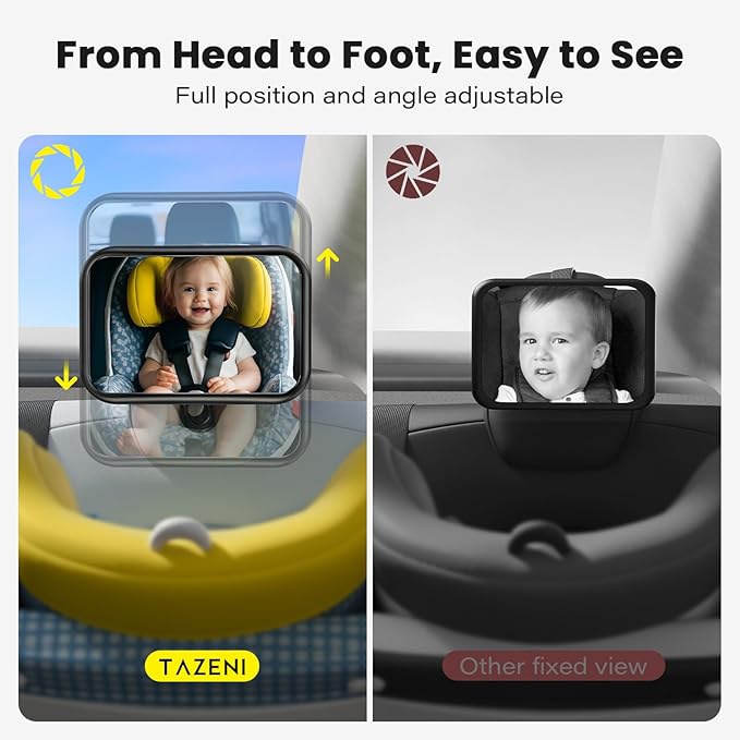 Fixed Headrest Car Mirror for Baby Rear Facing Fit Tesla Shatterproof Baby Mirror for Car Back Seat 360° Wide Clear View Never Shake Crash Tested Stable Velcro Strap Newborn Baby Essentials-BubblyBeeBaby