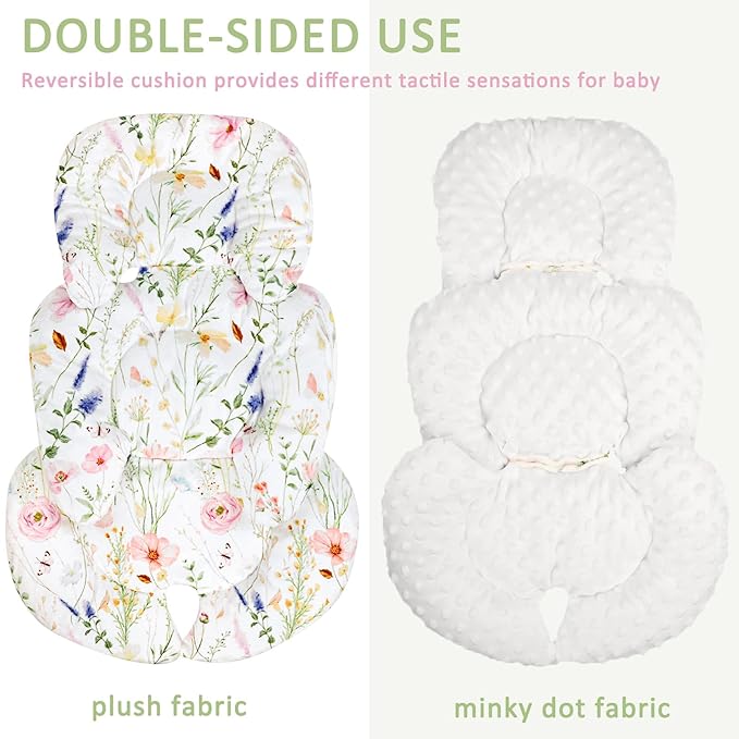 Infant Car Seat Insert, Car Seat Head Support Baby Girls Boys, Soft & Reversible Newborn Carseat Insert Cushion with 2 Strap Covers, for Stroller, Swing, Bouncer (White Wildflowers)-BubblyBeeBaby