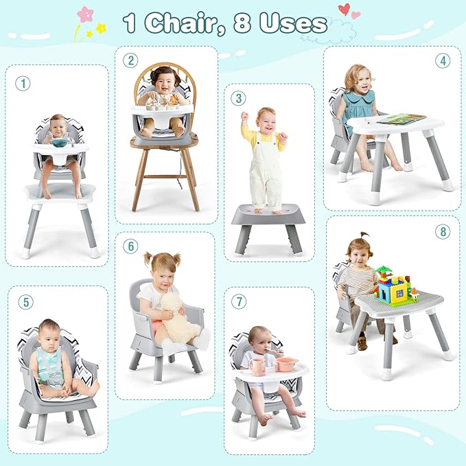 HONEY JOY 8 in 1 Baby High Chair, Convertible Highchair for Babies and Toddlers/Table and Chair Set/Building Block Table/Booster Seat/Stool/Toddler Chair with Safety Harness (Wave Gray)-BubblyBeeBaby