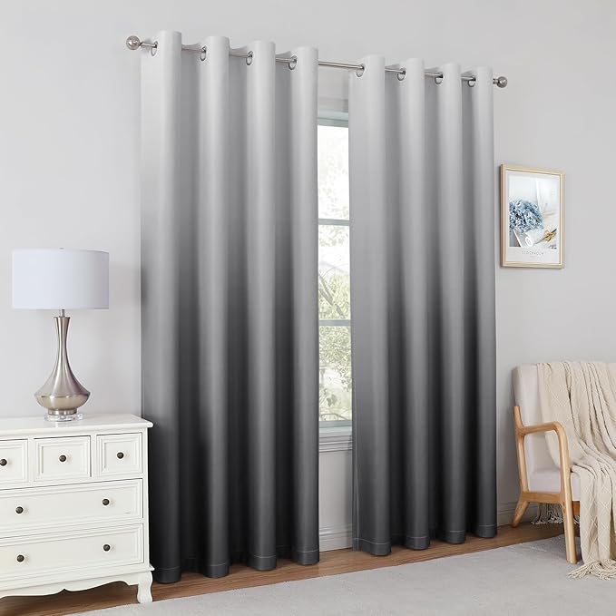 HOMEIDEAS Grey Gray Ombre Blackout Curtains 52 X 84 Inch Length Gradient Room Darkening Thermal Insulated Energy Saving Grommet 2 Panels Window Drapes for Living Room, Bedroom-BubblyBeeBaby