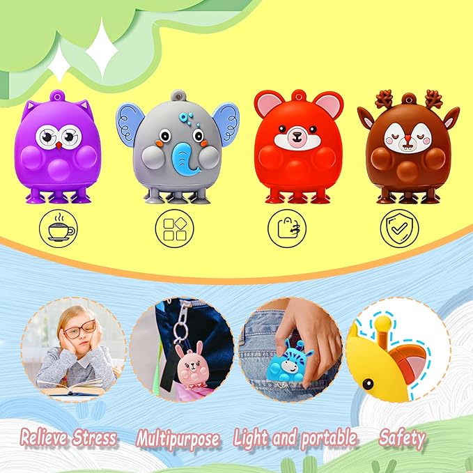 24 Pcs Party Favors for Kids, 3D Animal Pop Fidget Toys Bulk, Sensory Bath Suction Toys for Toddlers, Carnival Treasure Classroom Prizes Box Toys, Fidget Stocking Stuffers Birthday Party Gifts-BubblyBeeBaby
