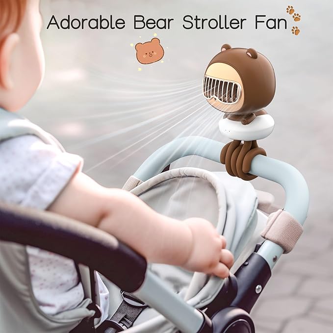 Cute Bear Stroller Fan Clip On for Baby, Portable Bladeless Fans 4 Speeds Oscillating, 4000mAh Rechargeable Battery Powered, Flexible Tripod Strong Cooling for Bedside Crib Car Seat-BubblyBeeBaby