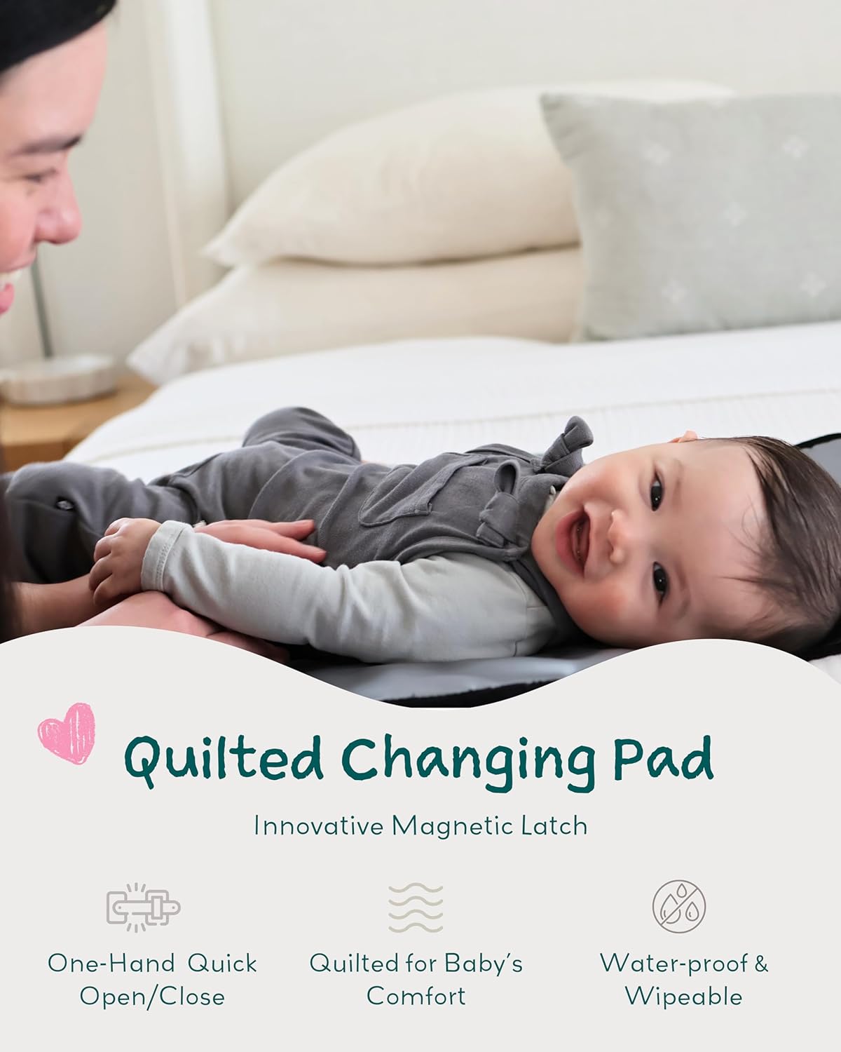 Diaper Changing Pad Portable with Magnetic Latches, Baby Diaper Changing Mat, Travel Pad for Diaper Bag, Baby Essentials, Wipeable & Waterproof Mat (Black Twill, Regular)