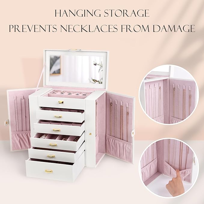 Kendal Extra Large Jewelry Box Jewelry Case PU Leather 6 Tier 5 Drawers Large Storage Capacity with Mirror Jewelry Storage Organizer Great Gift Also Good For Watches LJC-SHD5CM(White)-BubblyBeeBaby