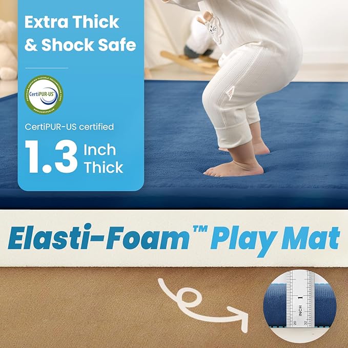 1.3" Thick Baby Play Mat for Floor Playpen, 71x79 Large Foam Tummy Time Mat, Padded Support Soft Plush Nursery Rug for Infant Kids Toddler Crawling Kick Activity (Royal Blue)-BubblyBeeBaby