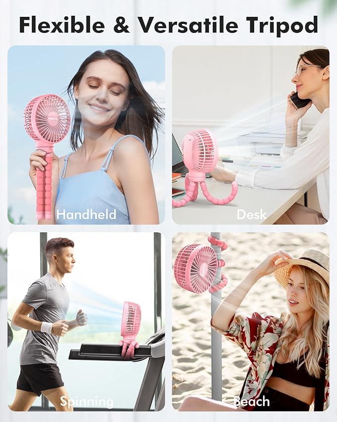 FRIZCOL Stroller Fan for Baby - Portable Fans Rechargeable - Battery Operated Fan(Use for 24Hrs) - Fans for Handheld/Clip On/Car Seat/Desk/Camping (Pink)-BubblyBeeBaby