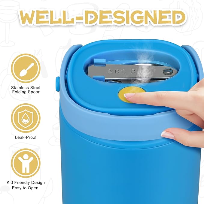 2 - in - 1 Soup Thermo for Hot Food 14oz with Snack Box Container Leak Proof Insulated Lunch Container Kids and Adults Stainless Steel Double Wall Vacuum Wide-mouth Thermal with Spoon and Handle-BubblyBeeBaby