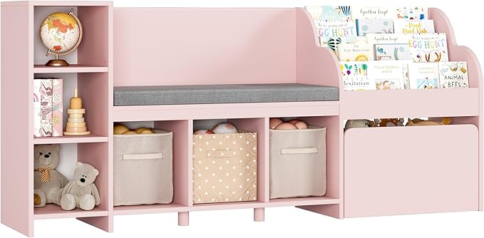 HOSTACK 67" Kids Reading Nook with Bench, Kids Bookshelf and Bookcase with Seat Cushion and 6 Storage Cubbies, Toy Storage Box on Wheels, Toy Chest for Playroom, Bedroom, School, Pink-BubblyBeeBaby