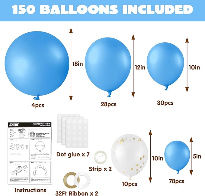 JOYIN 150 Pcs Light Blue Balloons, Different Sizes 18 12 10 5 Inch Light Blue Latex Balloon Arch Kit with Instruction for Birthday Party Graduation Wedding Holiday Decoration-BubblyBeeBaby