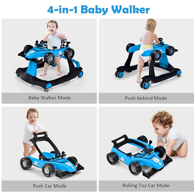 HONEY JOY 4-in-1 Baby Walker, Activity Push Walker w/3 Adjustable Heights, Smooth Wheels w/Adjustable Speed, Padded Seat, Music & Light, Foldable Car Walker for Baby Boys Girls Age 6 Months+ (Blue)-BubblyBeeBaby