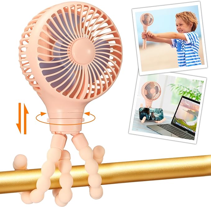 snawowo Mini Portable Baby stroller Fan, Auto Oscillating Battery Operated Personal Small Handheld Fan with Flexible Tripod, Rechargeable Clip On for Car Seat Crib Treadmill Travel Camping Pink-BubblyBeeBaby