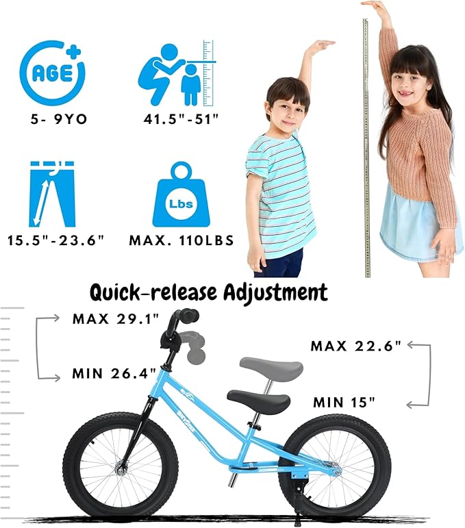 16 Inch Kids Balance Bike for 5-8 Year Old, BMX Kids Bike with No Pedals, Air Rubber Tires, Footrests, Adjustable Height for Big Kids, Boys, Girls-BubblyBeeBaby
