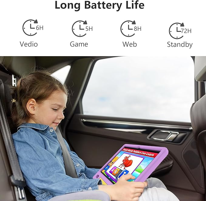 JREN Kids Table 10.1" ｜Android 14 Tablet for Kids｜64GB Storage｜Octa-Core｜WiFi ｜Cameras｜Parental Control｜Kids Content｜Case Included Great Gift for Children Ages 3-12 Years Old Purple-BubblyBeeBaby