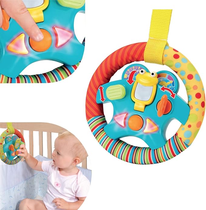 KiddoLab Steering Wheel Toy with Music,Lights,Sounds & Flip Up Mirror - Crib & Stroller Toys with Soft Fabric and Velcro Tap for Easy Attachment. Car Seat Toys for Babies and Toddlers. Ages 3 Months+-BubblyBeeBaby
