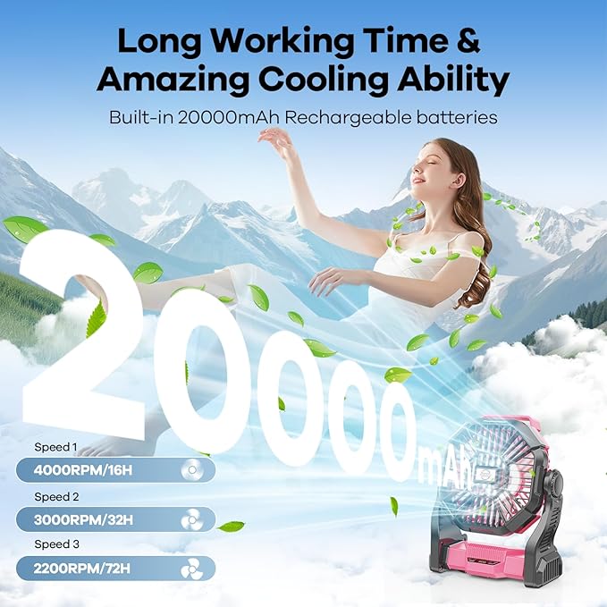 20000mAh Portable Battery Powered Camping Fan - with LED Light, Quiet Battery Operated, Camping Gear for Travel, Tent, Beach, Car or Hurricane Power Outages, Pink-BubblyBeeBaby