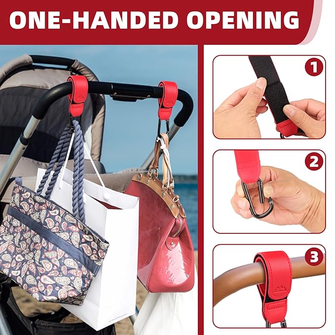 Baby Stroller Hooks Bag Hooks for Hanging Diaper Bags Multipurpose Hooks for Grocery Shopping Bags Premium Vegan Leather Pram Straps 2 Pcs (red)-BubblyBeeBaby
