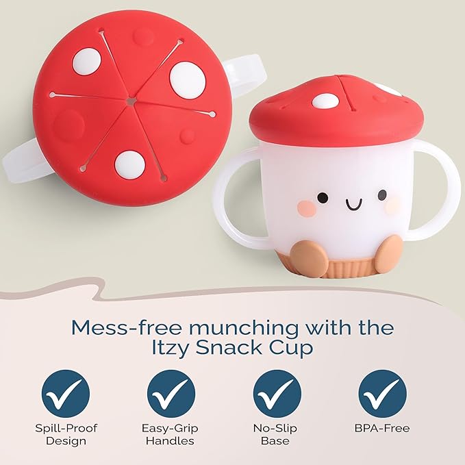 Itzy Ritzy Toddler Snack Cup - Spill-Proof Snack Cup for Toddlers with Soft Silicone Lid for Easy Food Access - Easy-To-Hold Kids Snacks Container With Handles - Ideal for 12 months & Up (Mushroom)-BubblyBeeBaby
