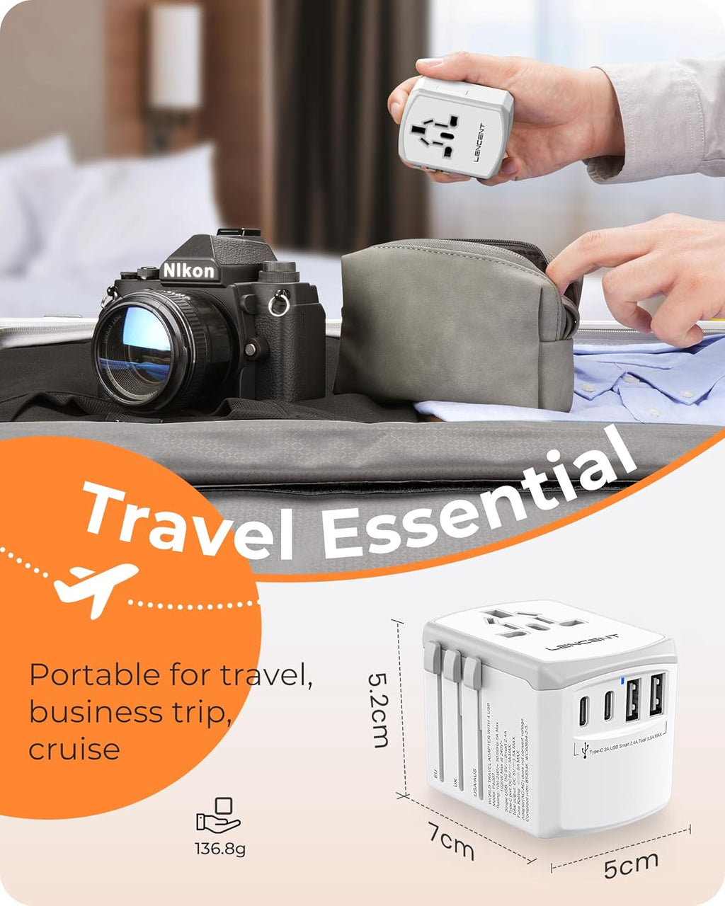 LENCENT Universal Travel Power Adapter, International AC Plug Adaptor with 2 USB C 2 USB A Ports Wall Charger Worldwide Travel Essentials for US to EU UK Ireland Australia (Type C/G/A/I), White