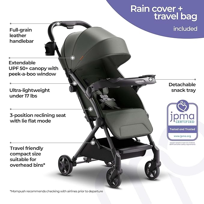 Mompush Lithe V2 Lightweight Travel Stroller, Compact Foldable Baby Stroller with Travel Bag, One-Hand Fold Stroller, Snack Tray, Mechanical Recline Seat, Airplane-Ready, Organizer & Rain Cover-BubblyBeeBaby