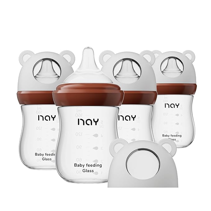 Natural Glass Baby Bottle for Breastfeeding Babies, 5.4oz Anti-Colic Baby Bottle with Natural Response Nipple(S), Clear, Wide Neck, 4 Pack, 1 Months+-BubblyBeeBaby