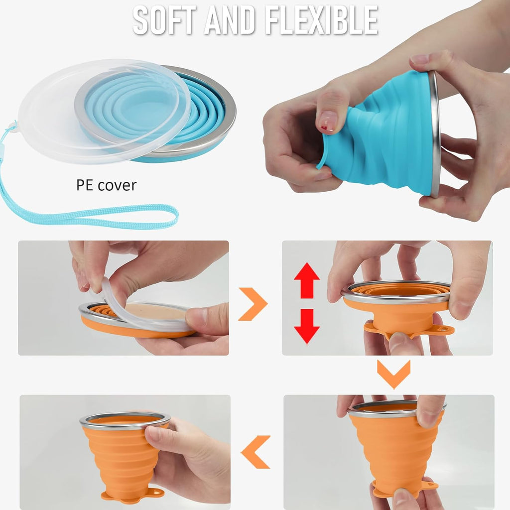 JBER Silicone Collapsible Travel Cup, 4 Pack Silicone Folding Camping Cup with Lids Expandable Drinking Cup Set BPA Free Reusable Portable Graduated for Outdoor Hiking Travel