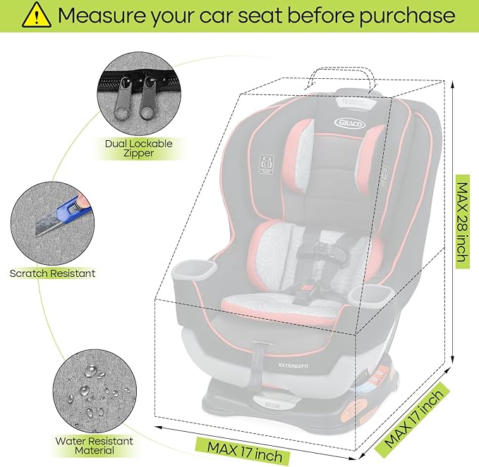 Padded Car Seat Travel Bag for Airplane, Heavy Duty Backpack for Air Travel, Water-Resistant Carrier with Shoulder Strap, Fits Most Car Seats (Grey+Black)-BubblyBeeBaby