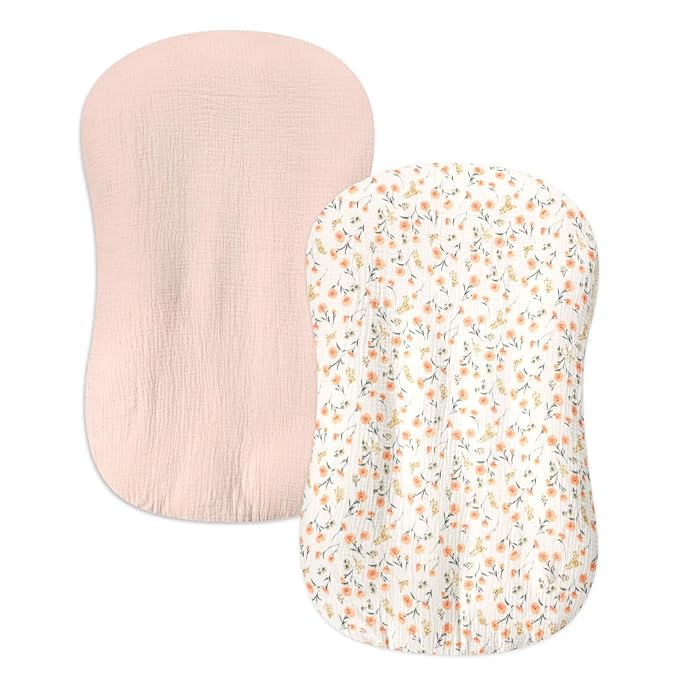 Hooyax Baby Lounger Cover 2 Pack - 100% Muslin Cotton Newborn Lounger Pillow Covers Only, Soft Breathable Infant Lounger Cover with Reinforced Stitching, Fits Most Standard Baby Loungers (Pink Floral)-BubblyBeeBaby