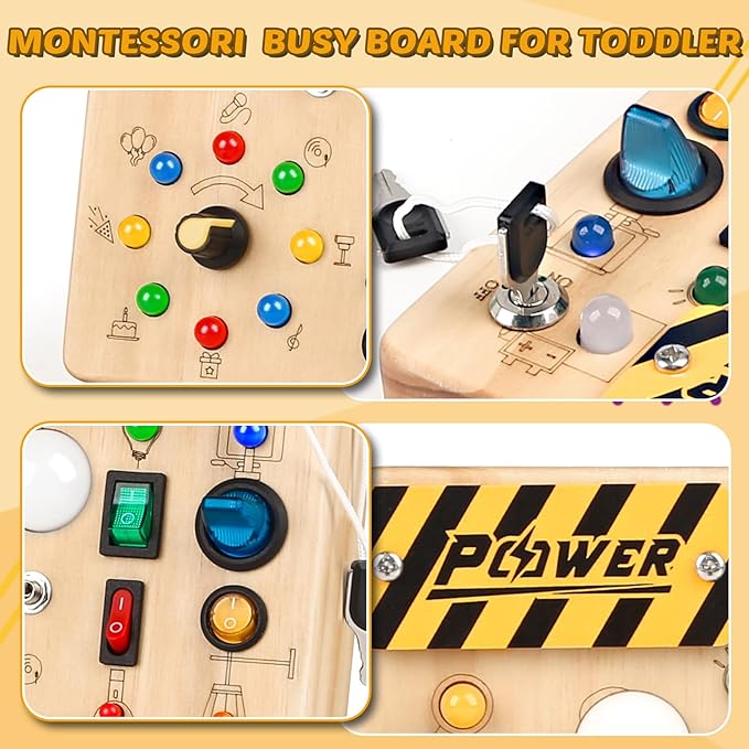 Joyreal Montessori Toddler Busy Board, 19 Led Wooden Sensory Board Educational Toy, Montessori Toys for 1-6 Year Old, Travel Toys Gifts for Toddlers Boys and Girls-BubblyBeeBaby