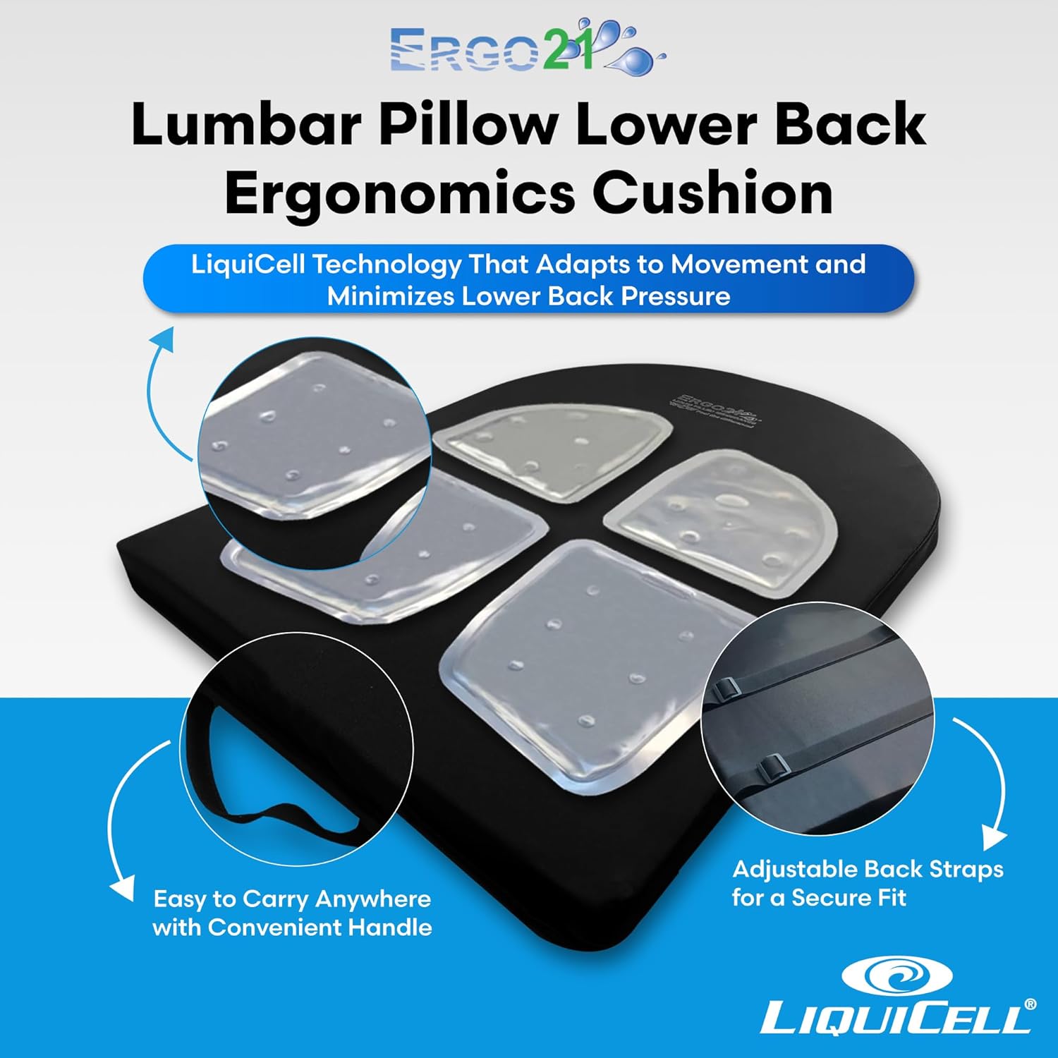 Lumbar Support Pillow for Office Chair, Car, Driving Seat, Auto, Lower Back Pain | Great Back Support with Liquid Filled Membranes | Small Size, (18" W x 18”x 1.5”)