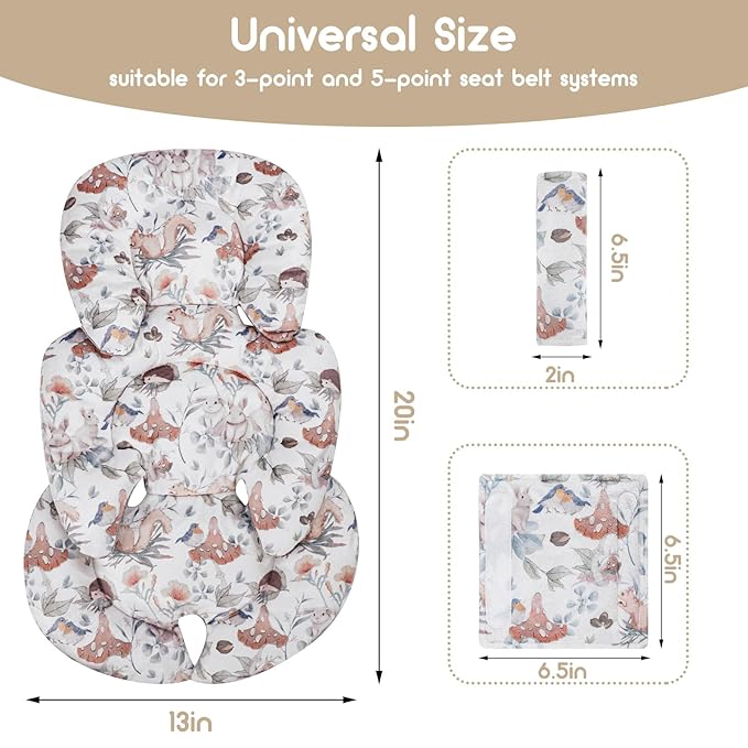 Infant Car Seat Insert, Car Seat Head Support Baby Girls Boys, Soft & Reversible Newborn Carseat Insert Cushion with 2 Strap Covers, for Stroller, Swing, Bouncer (Gray Animals)-BubblyBeeBaby