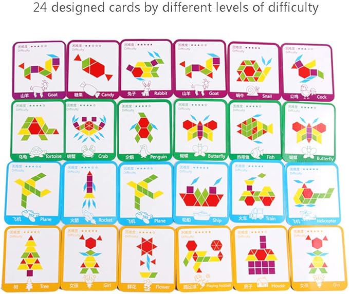 155 Pcs Wooden Pattern Blocks Set Geometric Shape Puzzle Kindergarten Classic Educational Montessori Tangram Toys for Kids Ages 4-8 with 24 Pcs Design Cards-BubblyBeeBaby