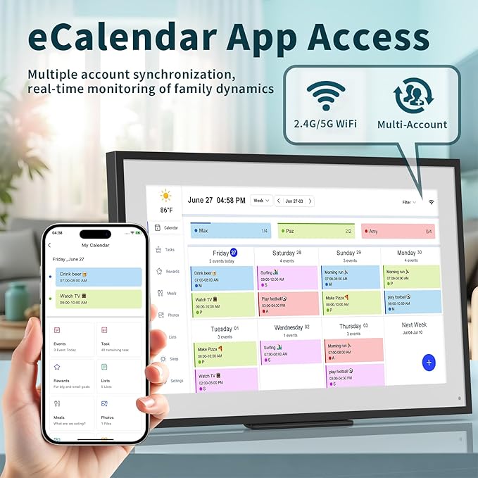 21.5 Inch Digital Calendar, WiFi Smart Electronic Calendar & Chore Chart, 1920 * 1080 IPS Touch Screen HD Display for Family Schedules, Streamline Household Organization, Wall Mount Included-BubblyBeeBaby