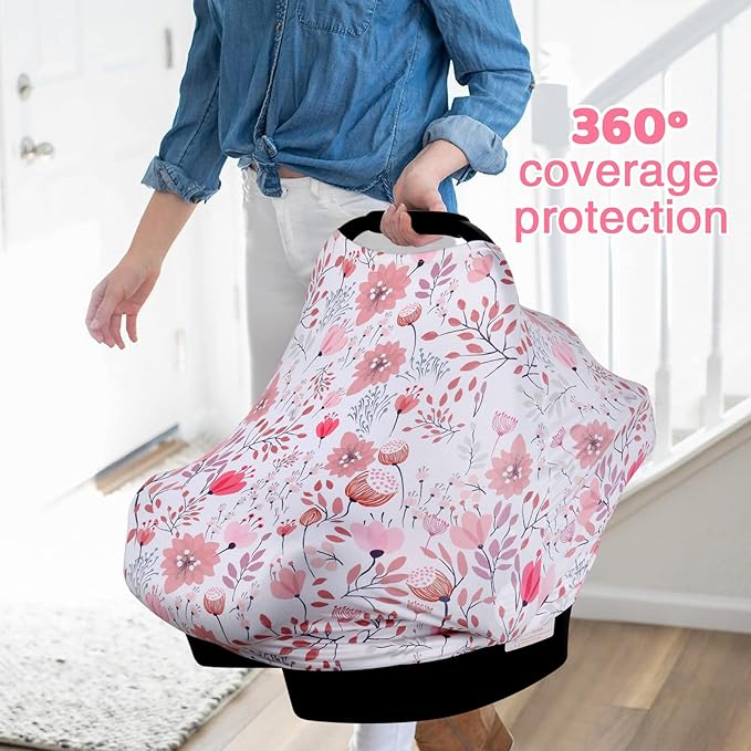 Rquite All-in-1 Car Seat Cover Baby, Carseat Covers for Girl Boy, Stretchy Soft Infant Car Seat Cover, Multi-use Baby Carrier Cover, Car Seat Canopy, Stroller Sun Shade, Nursing Breastfeeding Cover-BubblyBeeBaby
